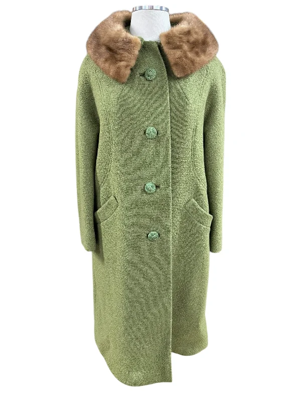 1950s Sage Green Coat with Mink Collar L Blouse Shirt Tunic