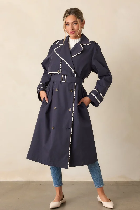 A Crazy Idea Navy RicRac Trench Coat Boat Shawl Notched