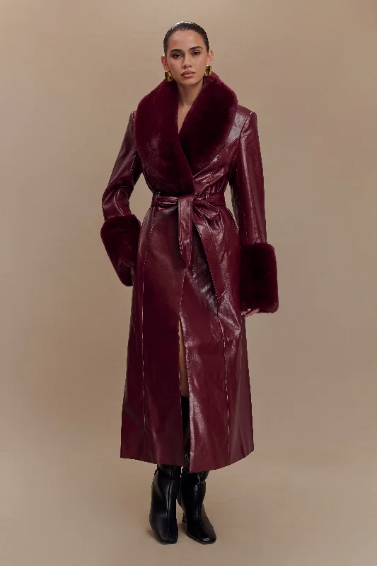 Bec Faux Leather Trench Coat With Faux Fur - Cherry Red Sleeveless Short Sleeve Long Sleeve