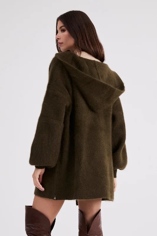 + Beryll Cashmere Cropped Coat with Hood | Kelp Green Pleated Ruffled tiered