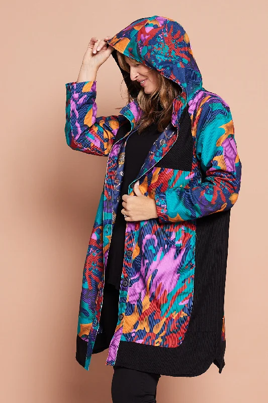 Bicheno Corduroy Coat - Colour Burst Asymmetrical Collar Hooded Zippered