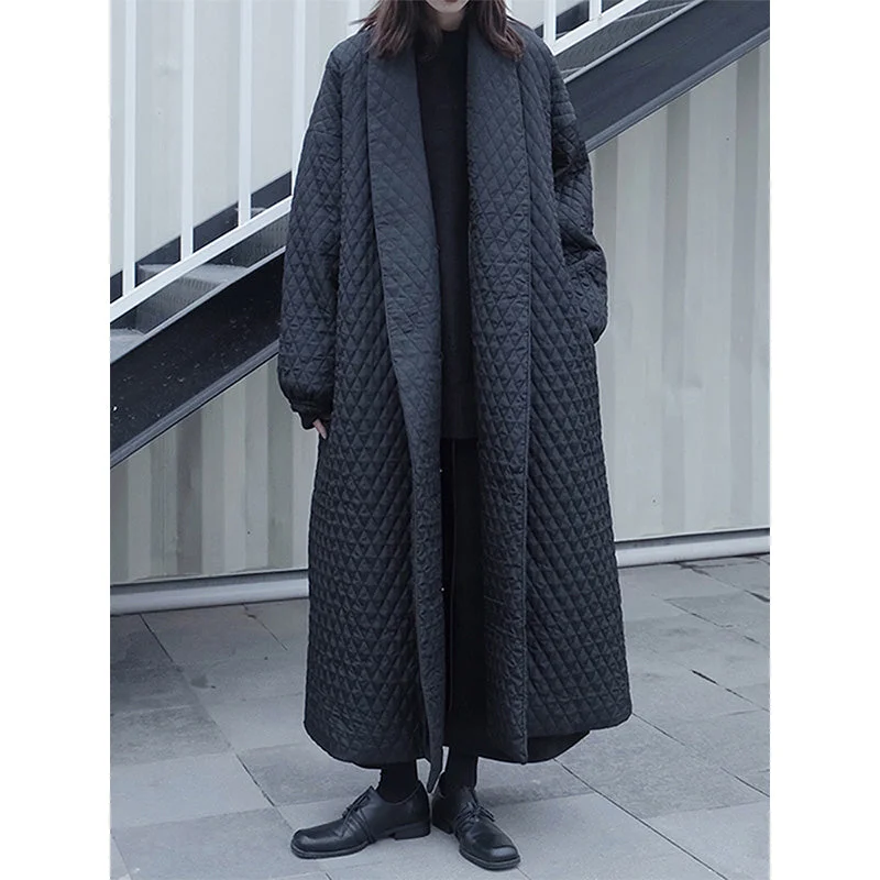 Black Diamond-patterned Loose Long Cotton Coat Mesh Canvas Denim