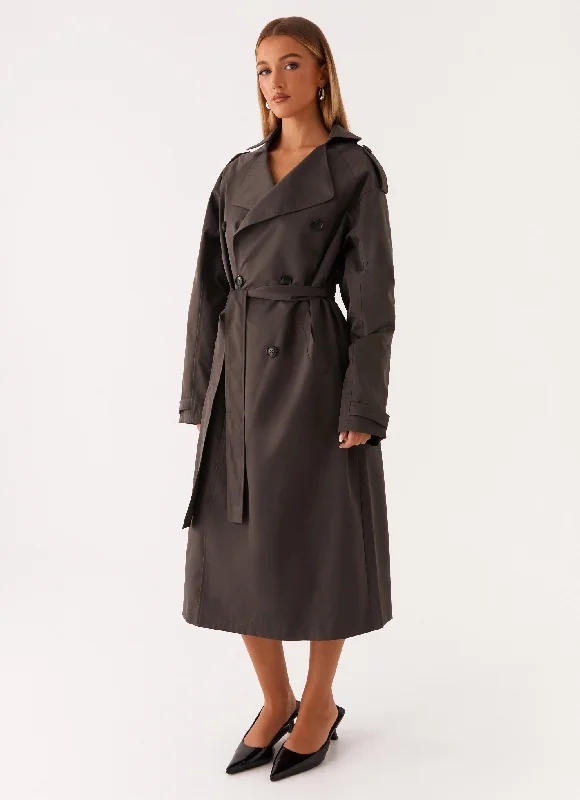 Brighton Oversized Trench Coat - Grey Zip Front Button Front Snap Front