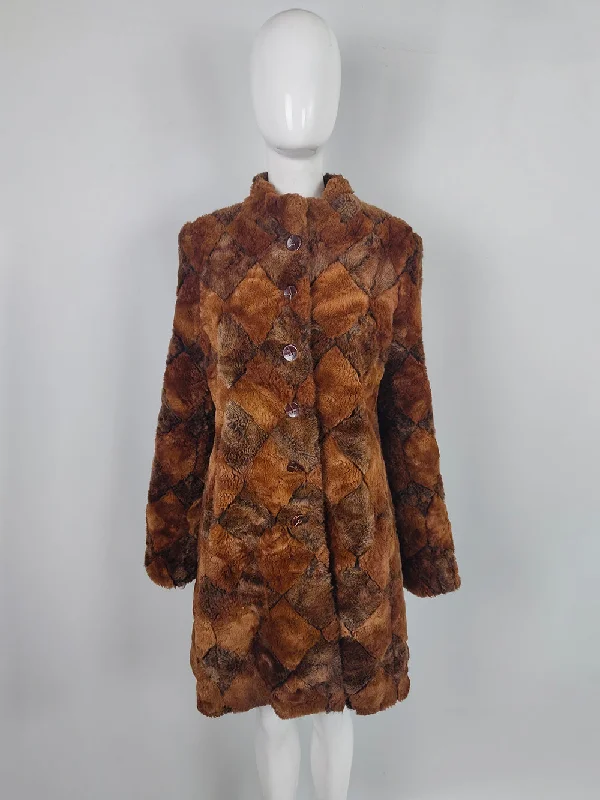 Caroline Charles Vintage Brown & Ginger Silk Lined Faux Fur Coat, Spring 2006 Bodycon Sheath Shift