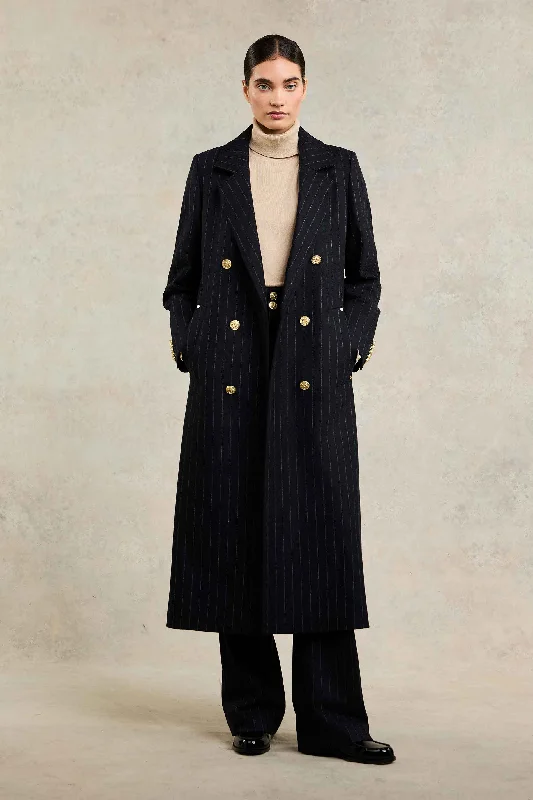 Double Breasted Coat (Dark Navy Pinstripe) Asymmetrical Collar Hooded Zippered