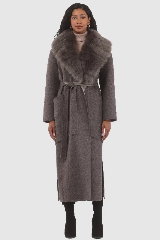 Double Face Loro Piana Cashmere & Wool Coat with Detachable Merinillo Shearling Lamb Collar, Belt Pleated Ruffled tiered