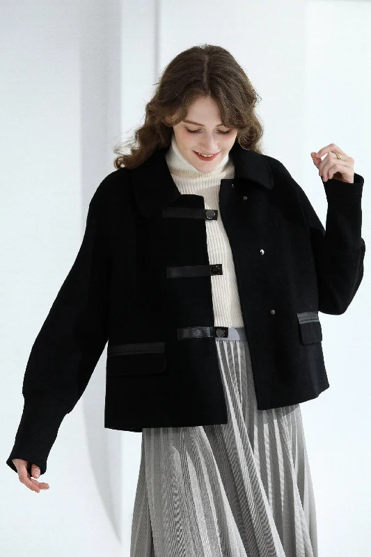 Fangyan | Janelle Black Cropped Wool Coat Peter Pan Collar Cowl Neck Turtleneck