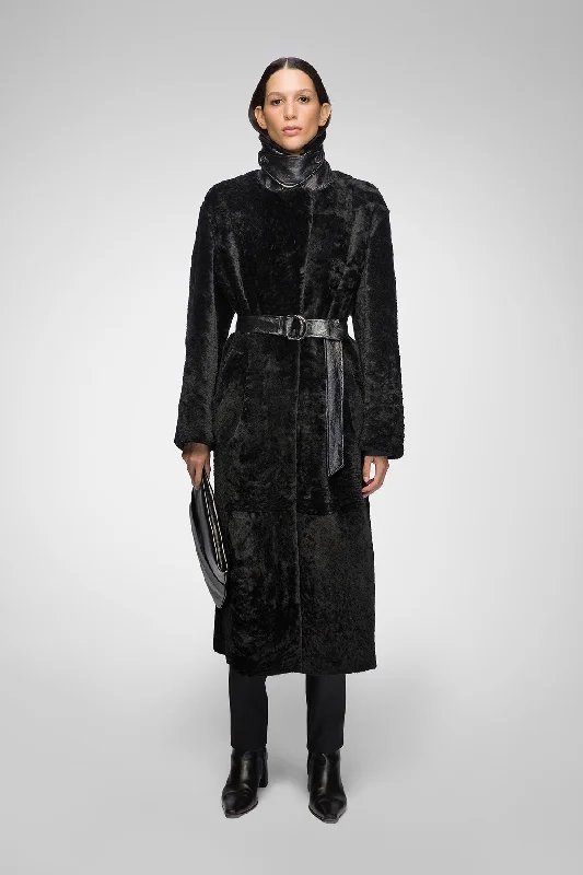 Gabrielle - Black Shearling Coat Coat Overcoat Trench Coat