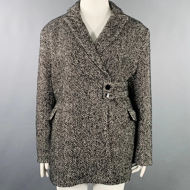 GANNI Size XL Grey Wool Blend Tweed Belted Coat Vent Hem Cuff