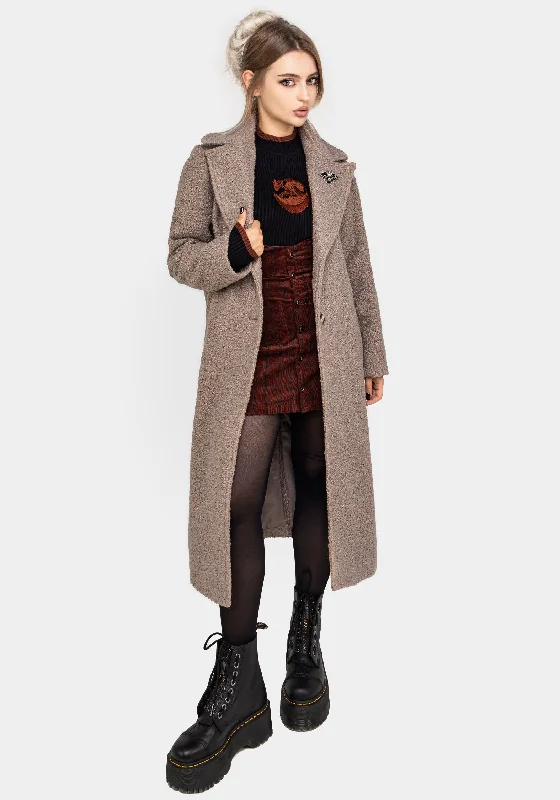 Gorgon Bouclé Longline Oversized Coat with Bee Brooch - Taupe Blazer Duffle Coat Pea Coat