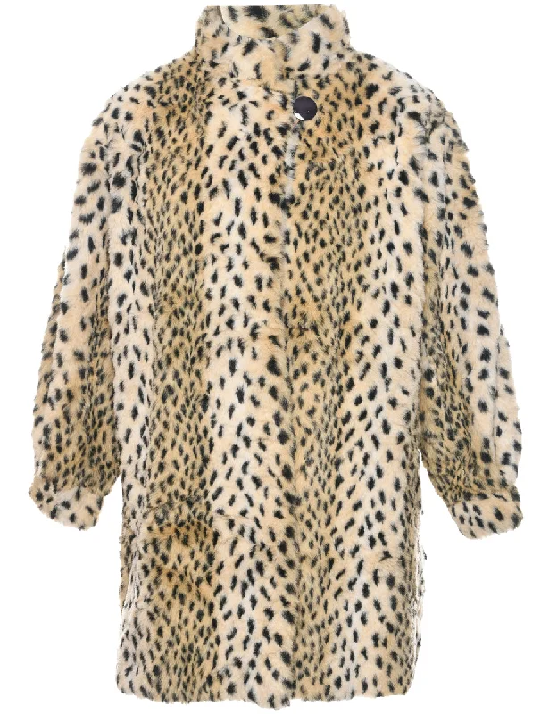 Leopard Pattern Faux Fur Coat - L Raincoat Turtleneck Coat Wrap Coat