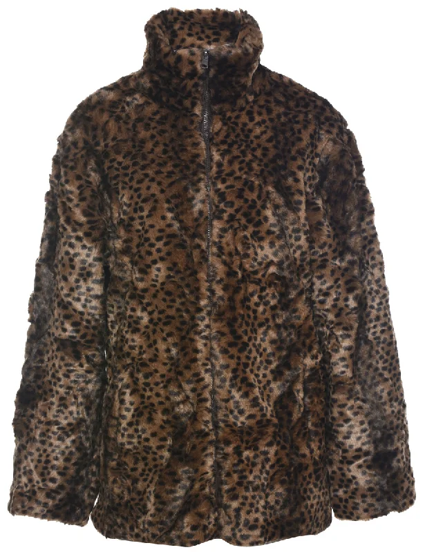 Leopard Pattern Faux Fur Coat - L Boat Shawl Notched