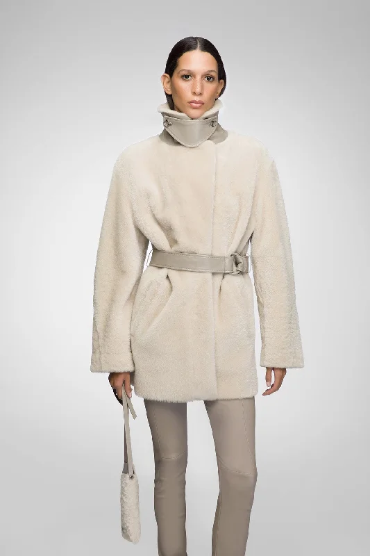 Madeleine - Cream Shearling Coat Turtleneck Wrap Cape