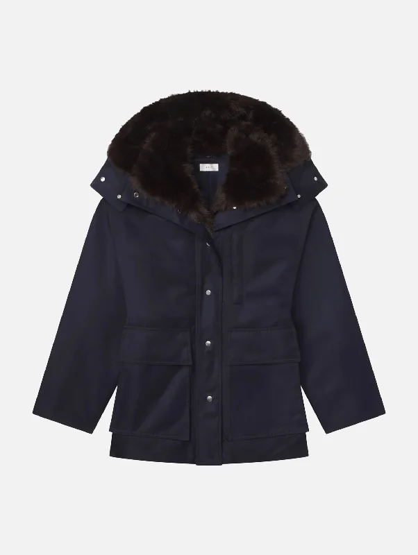 Nolan Faux Fur Trim Coat in Navy Romeo Boat Neck Jacket Square Neck Jacket One-Shoulder Jacket