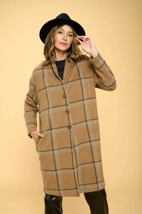 Plaid Coat with Buttons and Pockets Parka Down Jacket Wool Coat