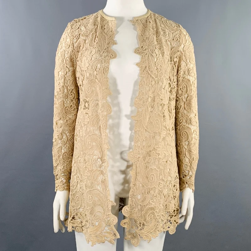 RALPH LAUREN Size 10 Khaki Cotton Lace Open Front Coat Jersey Tulle Batik