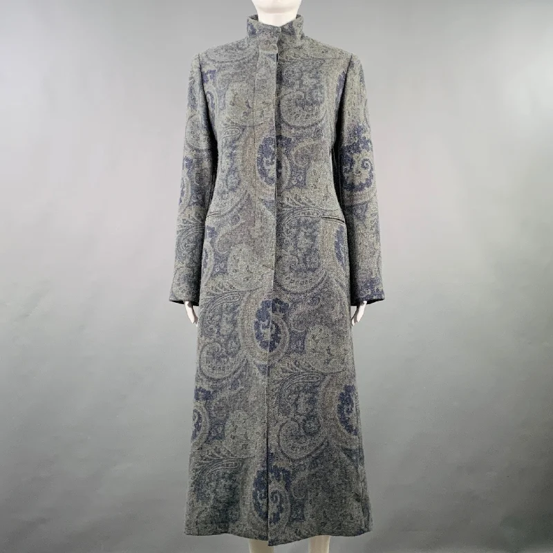 RALPH LAUREN Size M Grey Blue Wool Paisley Hidden Buttons Coat Houndstooth Coat Plaid Coat Tartan Coat