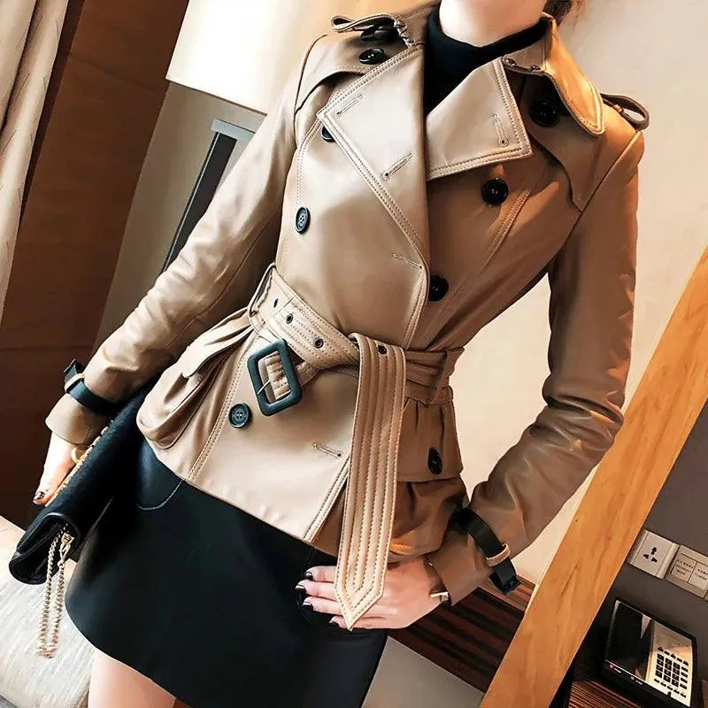 Stylish Chic Leather Women Coat Pleated Ruffled tiered