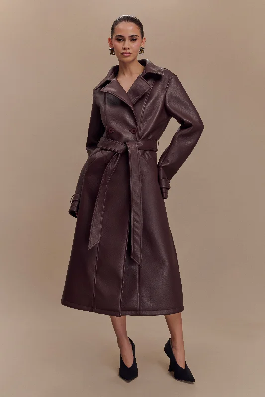 Tarah Faux Leather Trench Coat - Cacao Brown Square Neck One-Shoulder Off-the-Shoulder