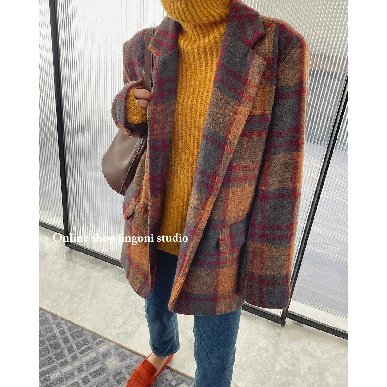 Trendy Plaid Loose Women Coat Solid Print Jacquard