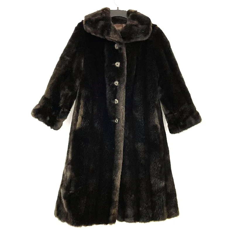 Wmns 70s Vintage MINCARA Russell Taylor Dark Brown Faux Fur Long Coat 42" Bust Pockets Sleeves Lining