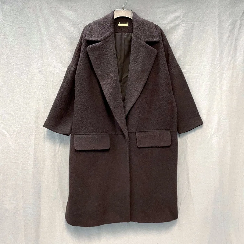 Wmns DIANE VON FURSTENBERG Wool Alpaca Blend Brown Bernice Long Coat Sz M Vent Hem Cuff