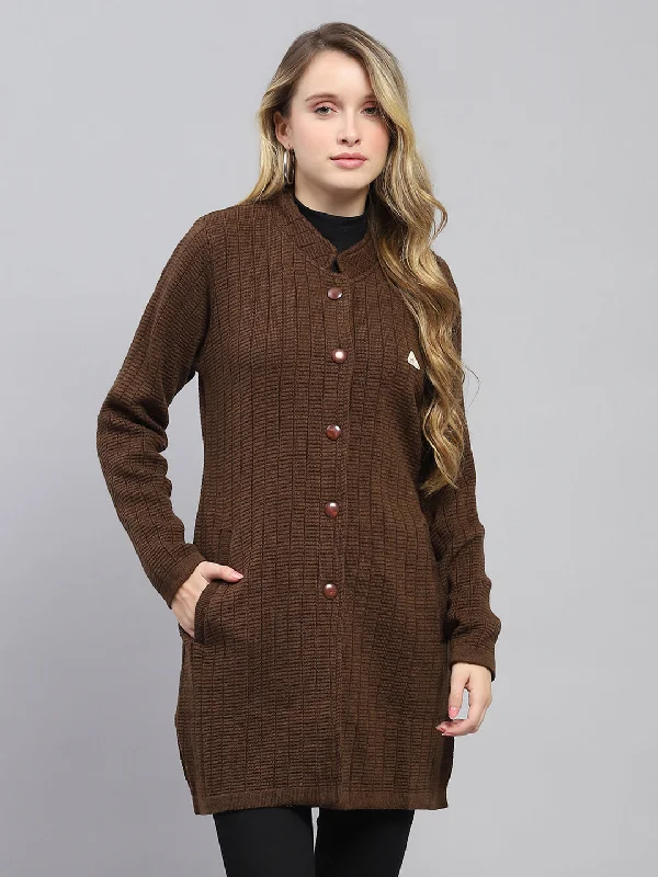 Women Brown Self Design Round Neck Full Sleeve Knitted Coat A-Line Ball Gown Mermaid