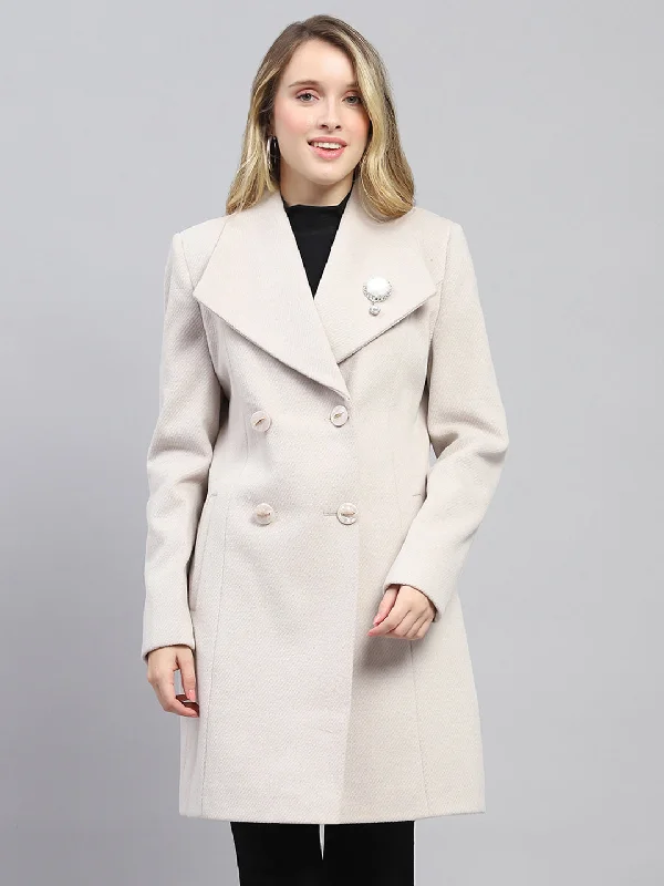 Women Cream Self Design Collar Full Sleeve Coat Nylon Polyester Spandex