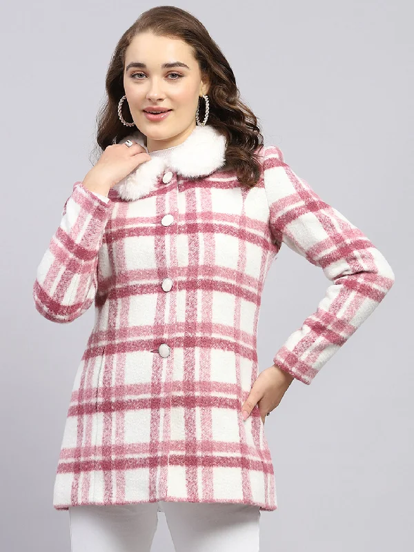 Women Pink Check Collar Full Sleeve Coat Square Neck One-Shoulder Off-the-Shoulder