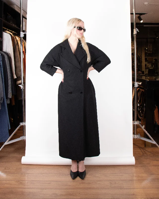 1980s Yohji Yamamoto Black Long Wool Coat M Three-Quarter Sleeve Elbow Sleeve Wrist Sleeve